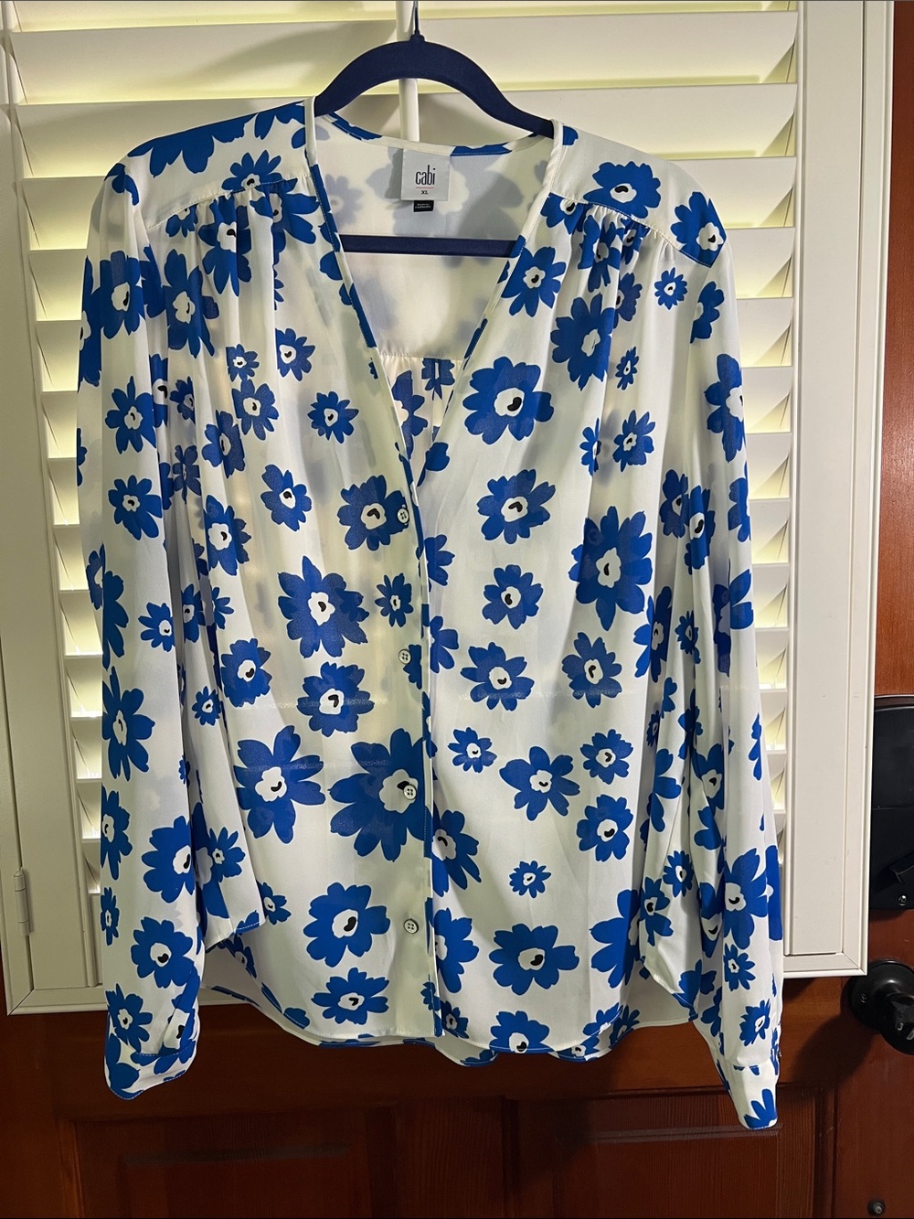 CAbi XL Florist Blouse - Button Front with Bold Blue Floral Print